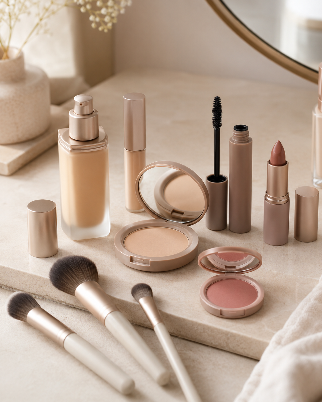 Essential makeup products arranged for a beginner makeup kit