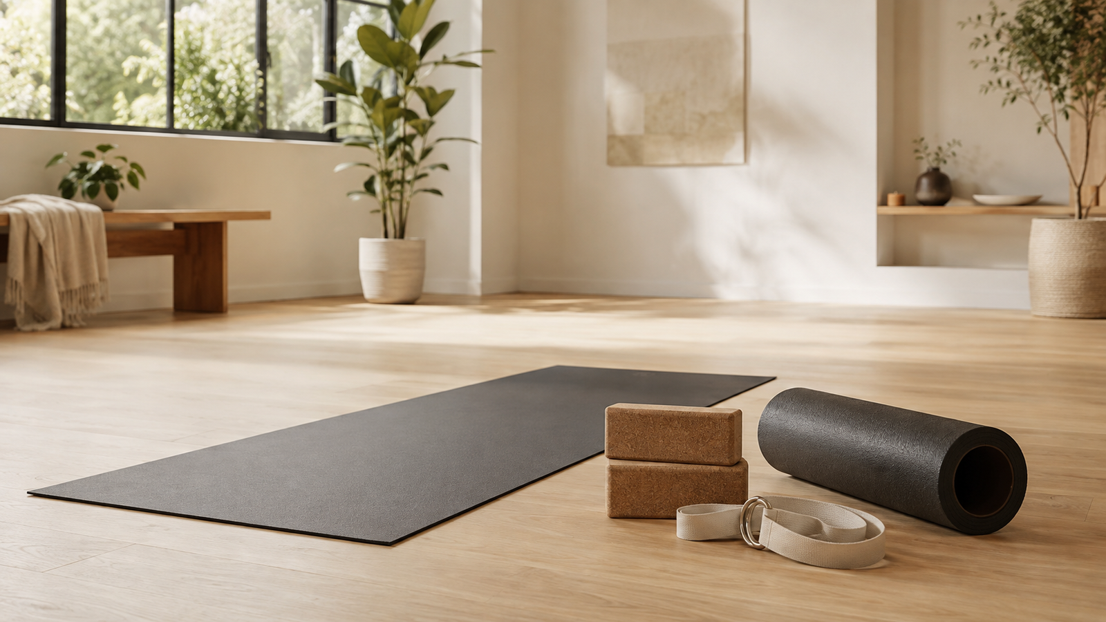 Unbranded a calm yoga and mobility setup with mat, blocks and strap in a bright studio for yoga and mobility