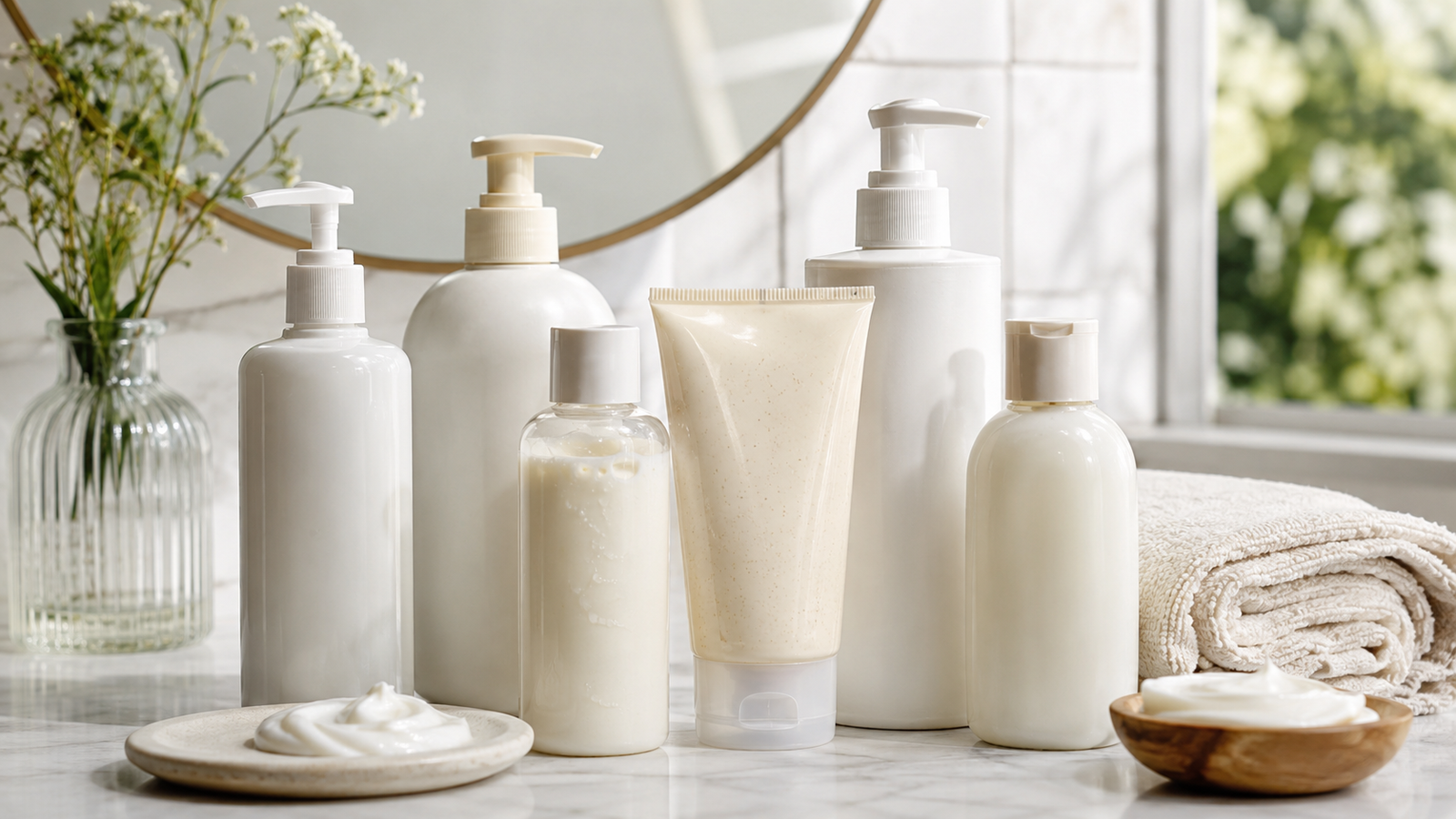 Unbranded body lotion pumps and tubes with light lotion and rich cream textures on a bright neutral bathroom counter