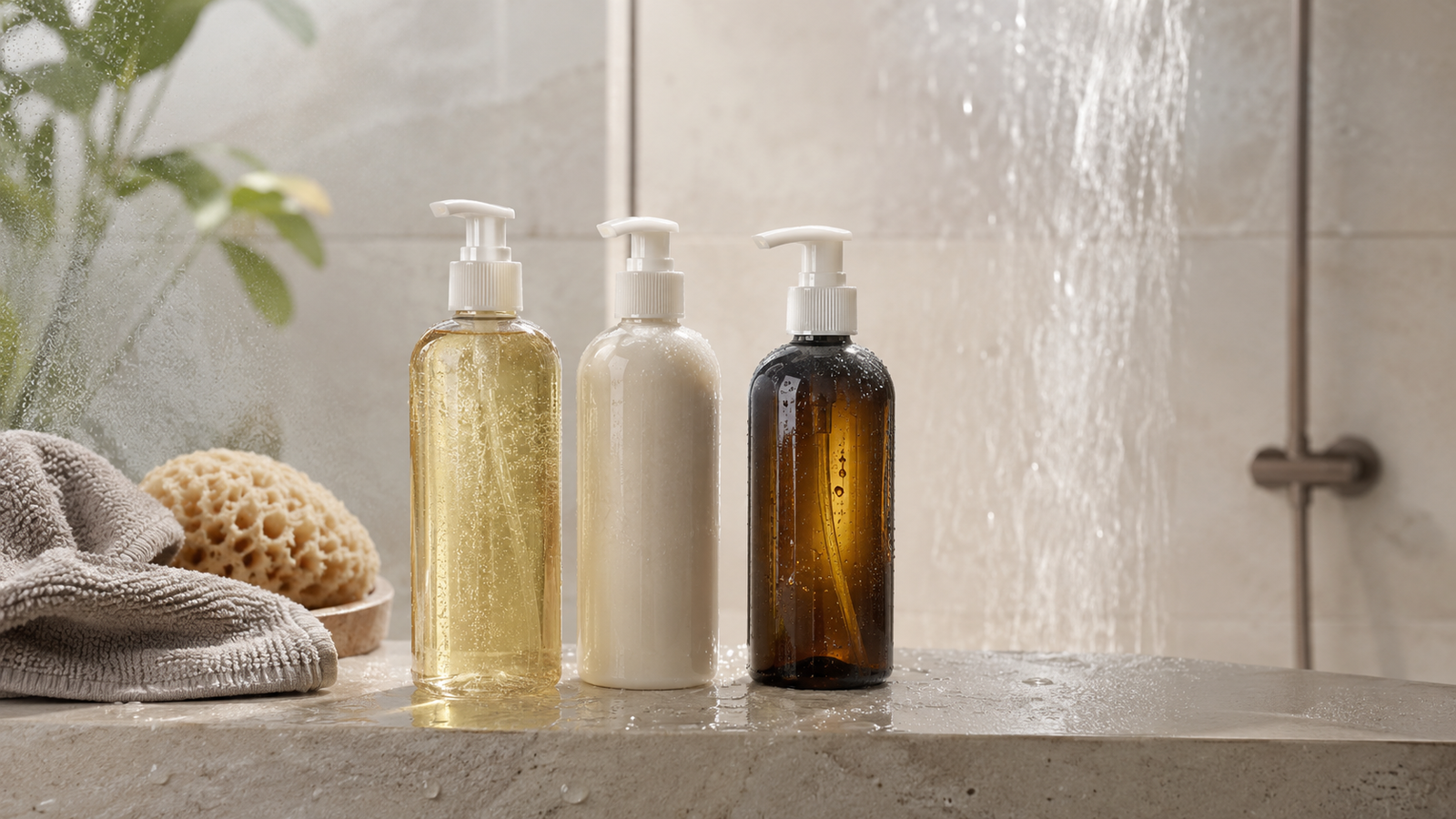 Unbranded body wash bottles in gel and cream formats with a soft towel and bath sponge in a modern shower setting