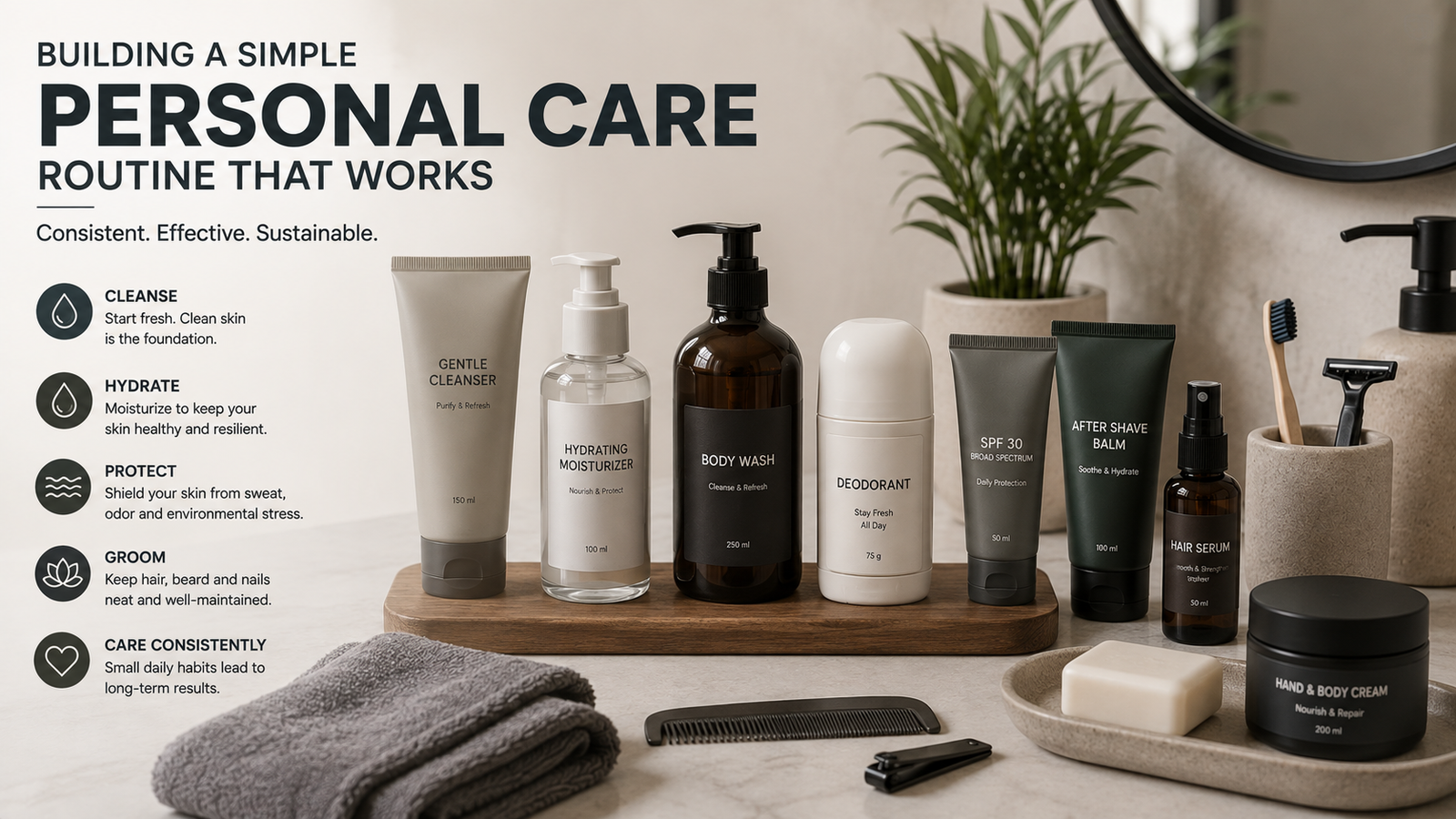 Unbranded unbranded personal-care essentials arranged neatly on a clean bathroom vanity for personal care routine