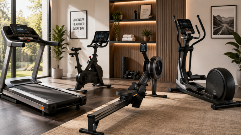 Unbranded a premium home-gym scene with treadmill, exercise bike, rower and elliptical for cardio equipment guide