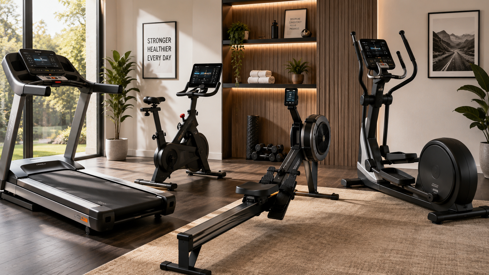 Unbranded a premium home-gym scene with treadmill, exercise bike, rower and elliptical for cardio equipment guide