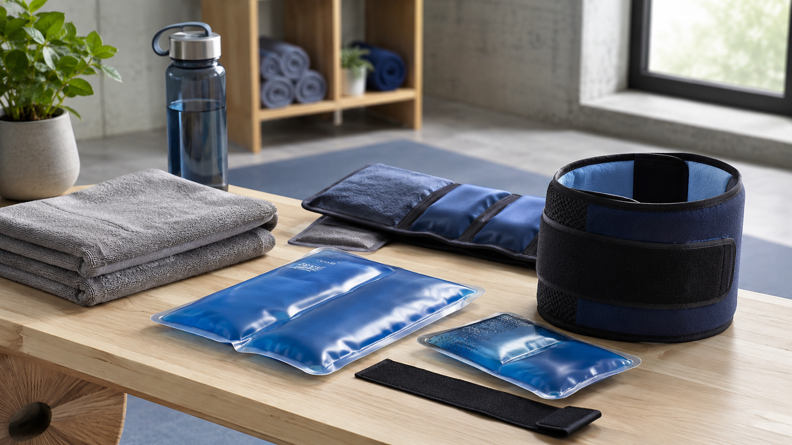 Unbranded unbranded reusable cold packs and cooling wraps arranged in a clean recovery environment for cold therapy