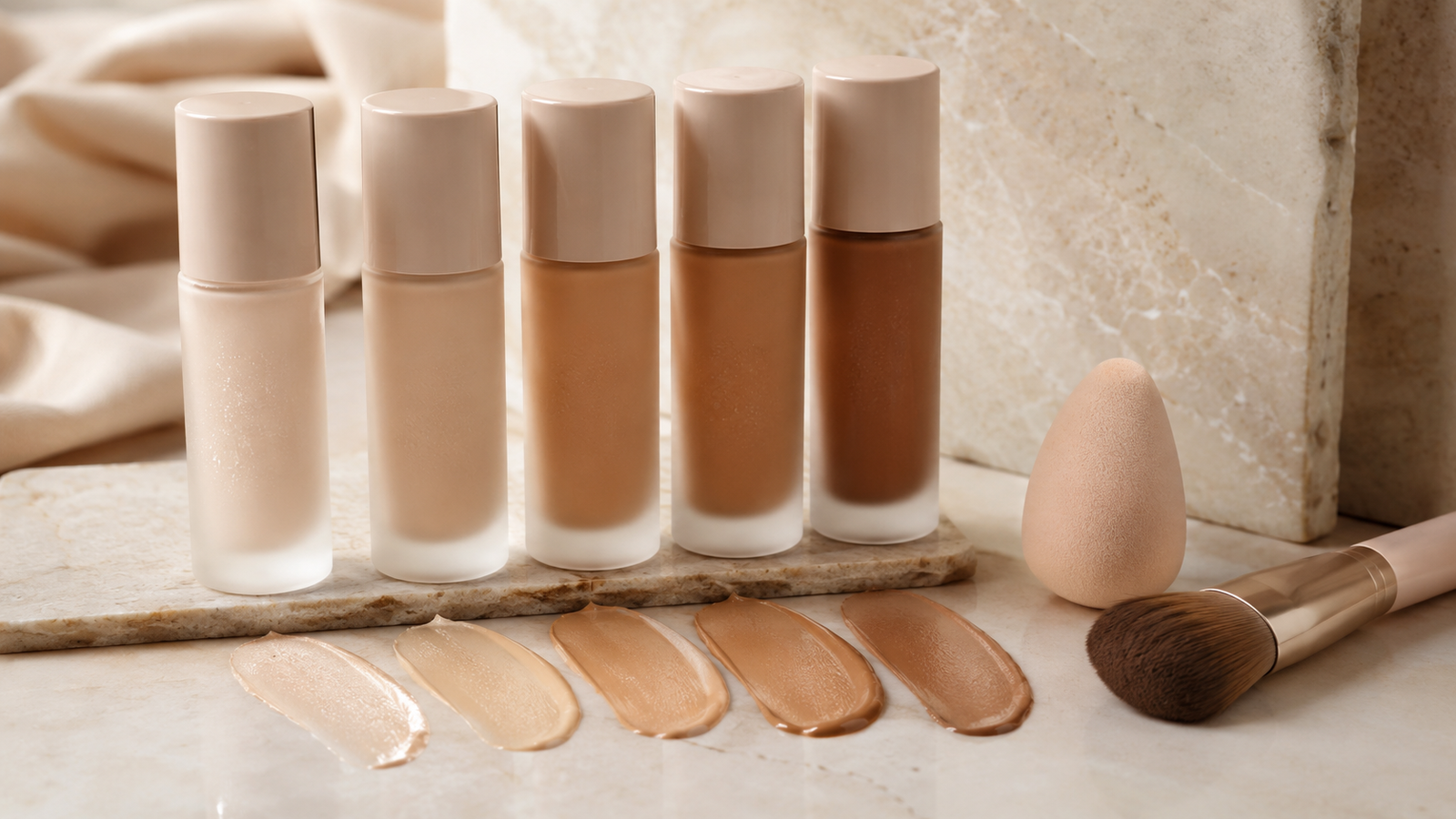 Liquid complexion boosters with luminous swatches and makeup tools