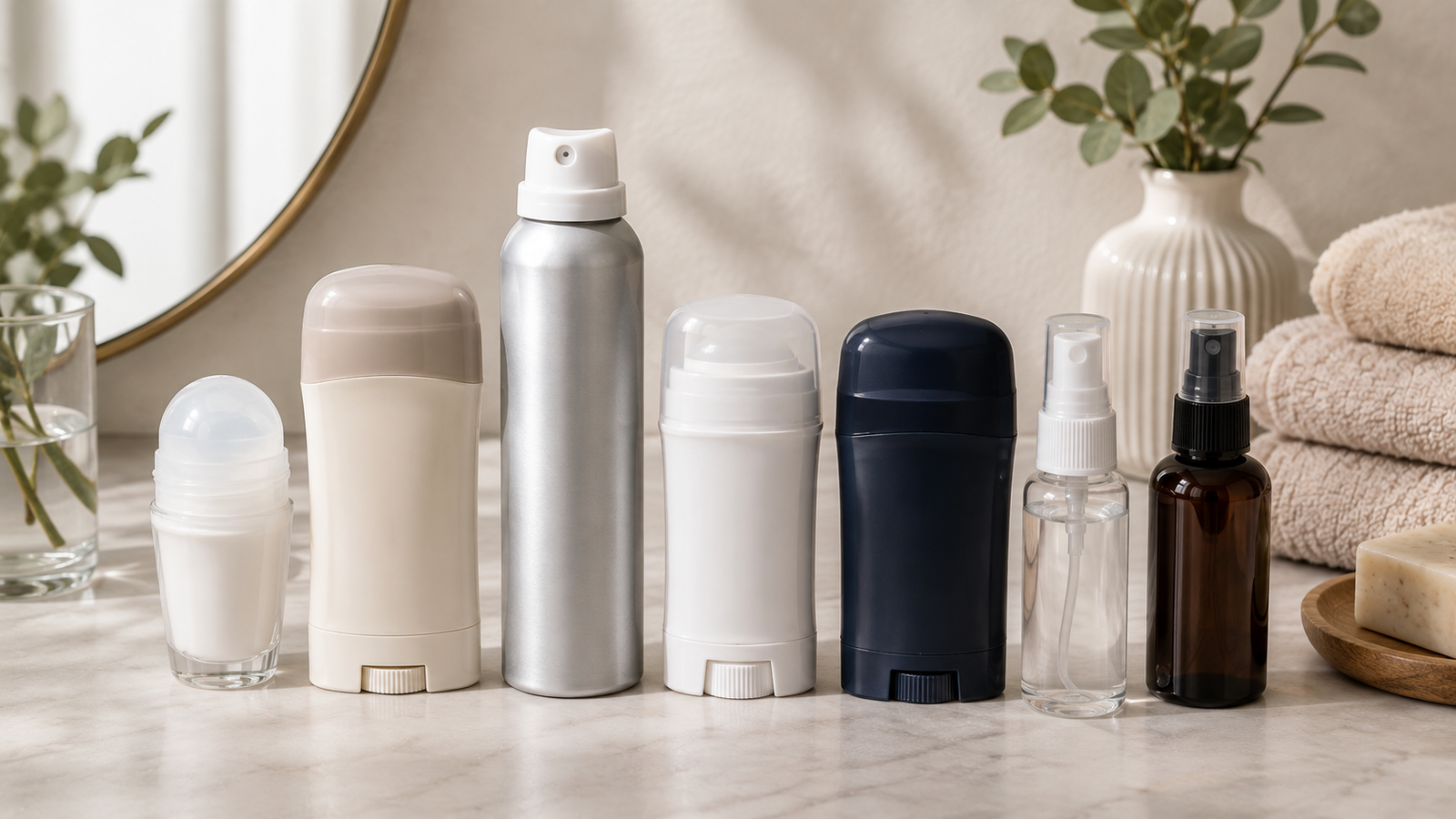 Unbranded roll-on, stick and spray deodorant containers arranged on a clean personal-care vanity
