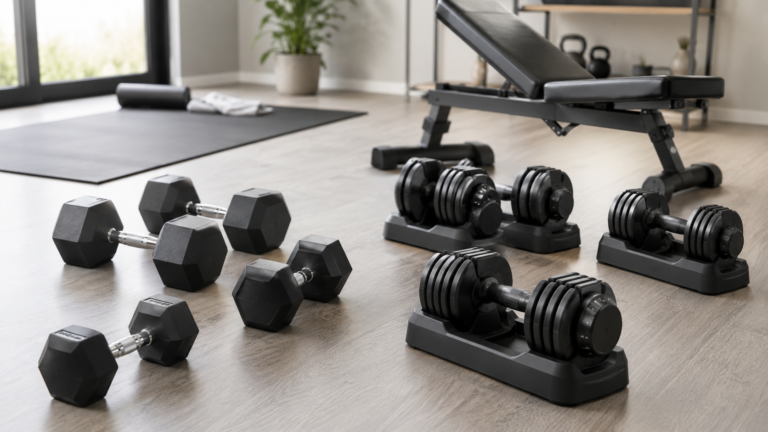 Fixed hex dumbbells and adjustable dumbbells arranged for comparing weight range, grip and storage