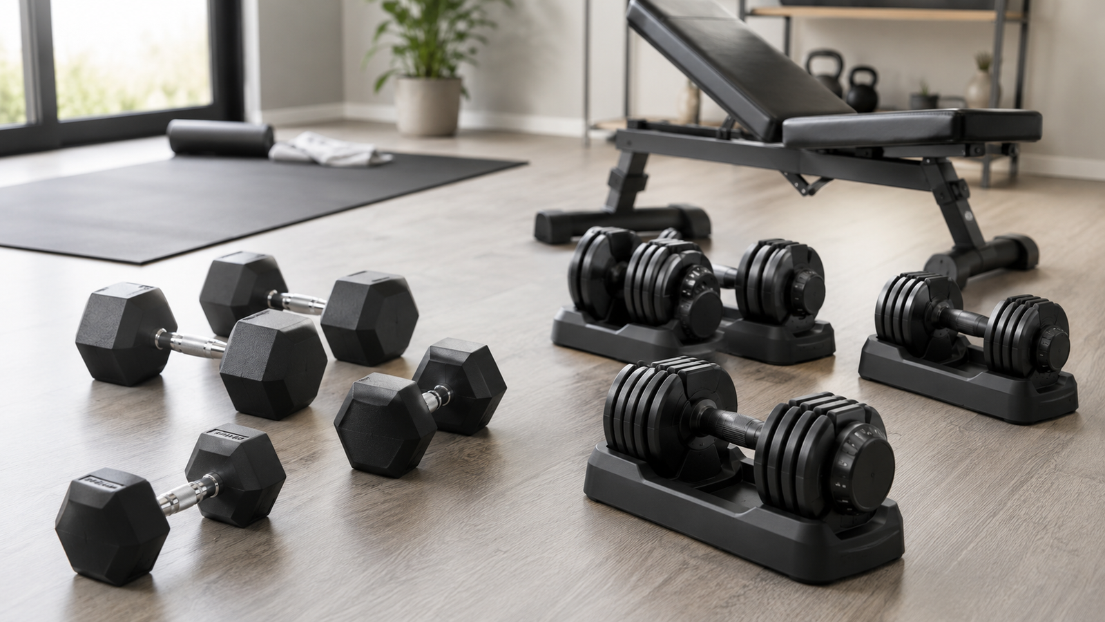 Fixed hex dumbbells and adjustable dumbbells arranged for comparing weight range, grip and storage
