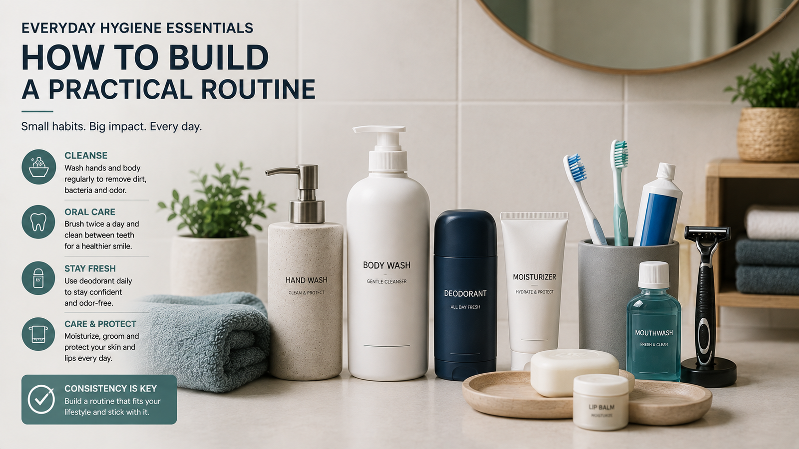 Unbranded unbranded hygiene essentials arranged in a clean bathroom and wash-area setting for everyday hygiene routine