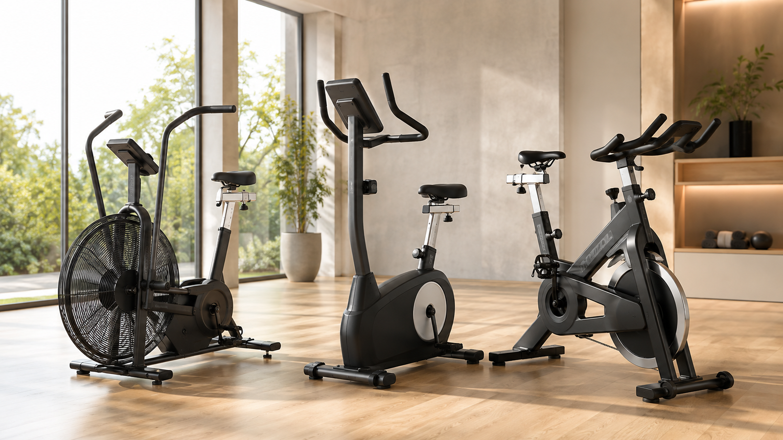 Air bike, upright exercise bike and spin bike arranged for comparing resistance and riding position