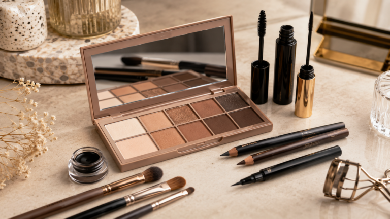 Unbranded unbranded eyeshadow palette, eyeliner and mascara arranged on a neutral vanity for eye makeup basics