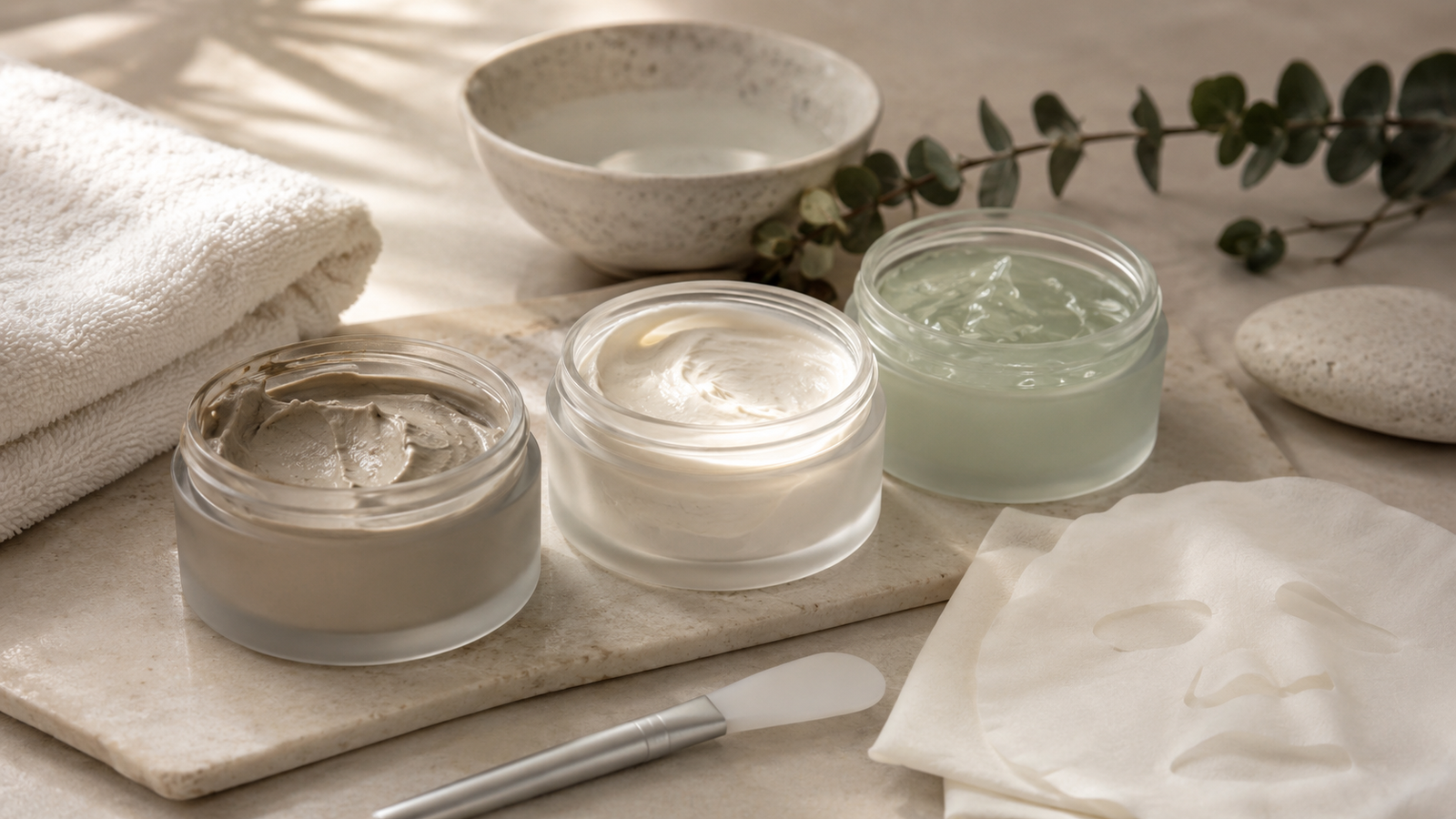 Unbranded unbranded sheet, clay and cream face masks arranged with a small skincare spatula for face mask for skin