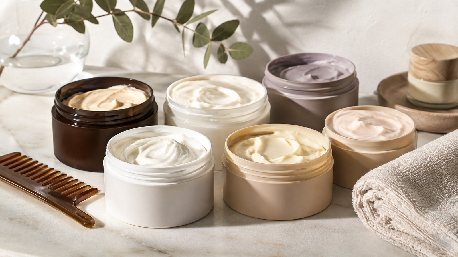 Unbranded hair mask jars and tubs with cream textures, a wide-tooth comb and folded towel in a premium haircare setting