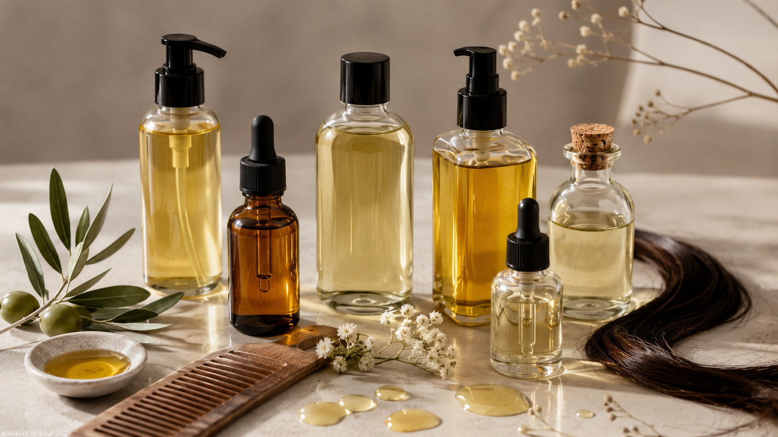 Unbranded hair oil bottles with pump and dropper formats, botanical accents, comb and healthy hair strands