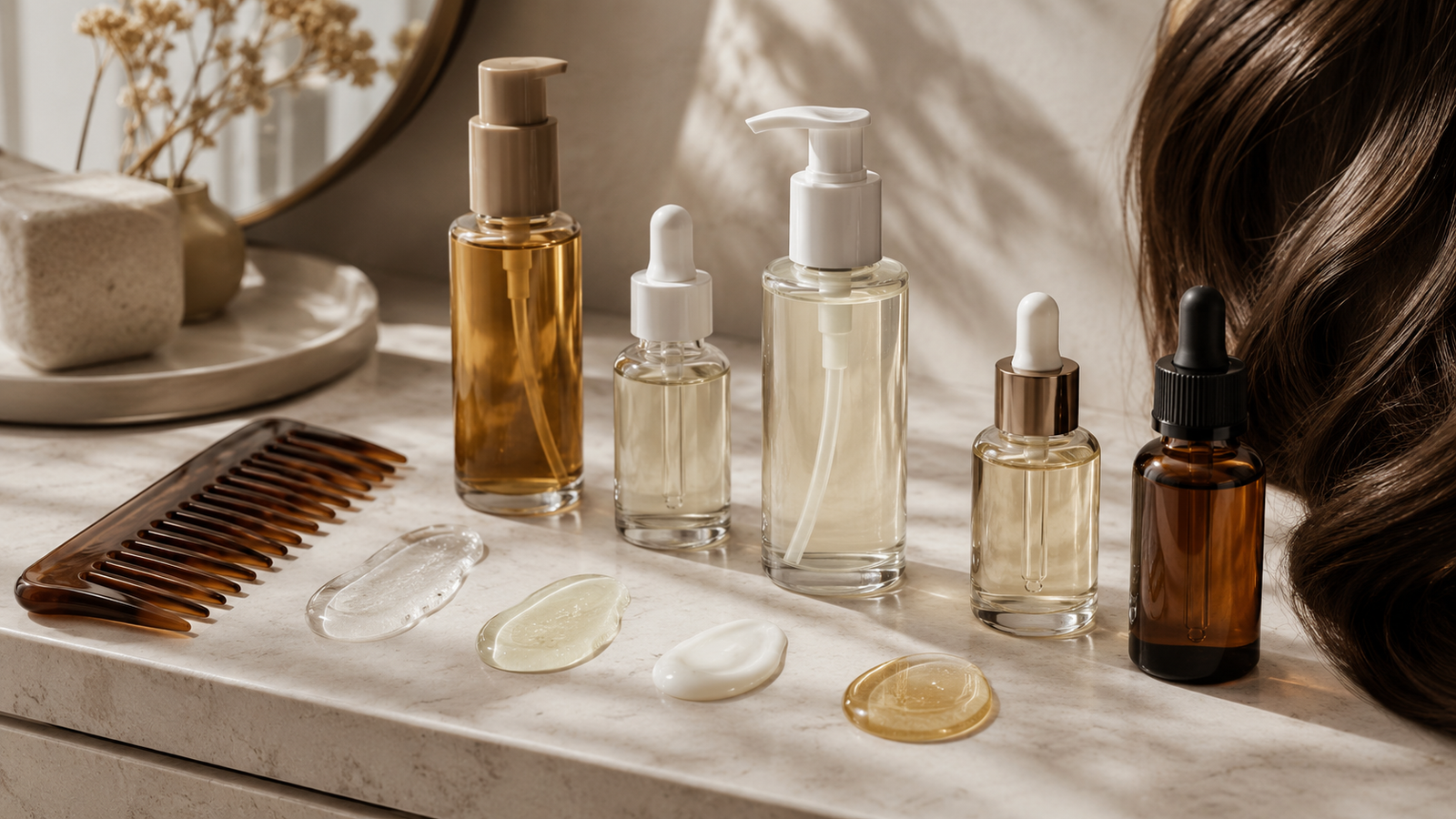 Unbranded hair serum pump and dropper bottles with texture swatches, a comb and smooth hair detail