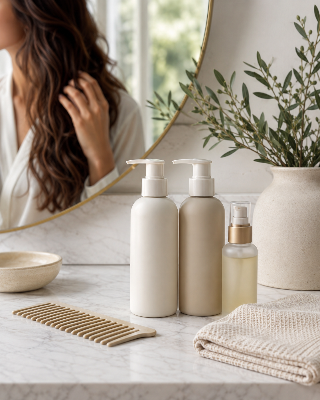 Haircare products and tools arranged for a healthy haircare routine