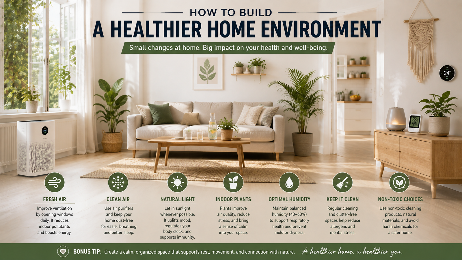 Unbranded a calm bright home interior with plants, open air, simple wellness devices and natural light for healthy home environment