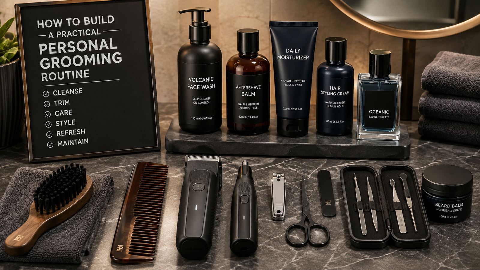 Unbranded unbranded grooming tools and personal-care essentials arranged neatly on a vanity for personal grooming routine