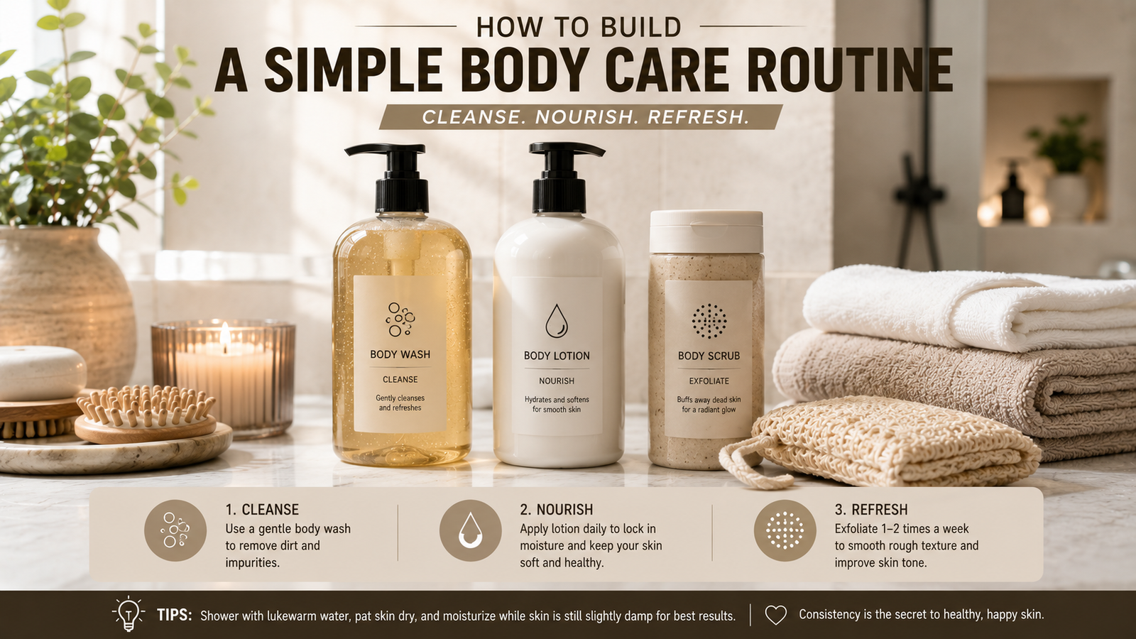 Unbranded unbranded body wash, lotion and simple bath accessories on a neutral bathroom surface for body care routine