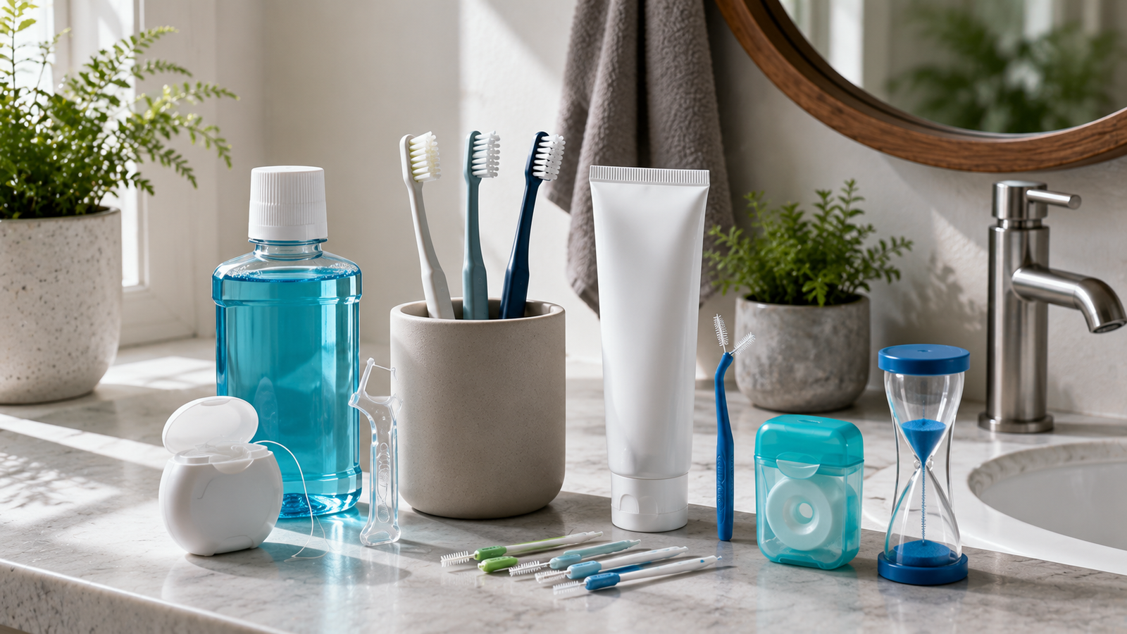 Unbranded unbranded toothbrushes, toothpaste, floss and a clean sink-side oral care setup for oral care routine