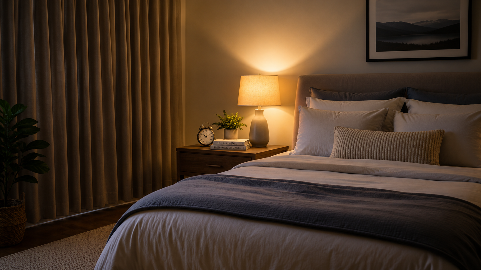 Unbranded a calm bedroom with soft bedding, warm low light, clock and simple nighttime routine cues for better sleep habits