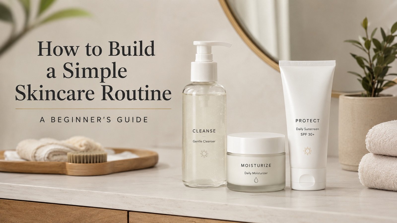 Cleanser moisturizer and sunscreen arranged for a simple skincare routine