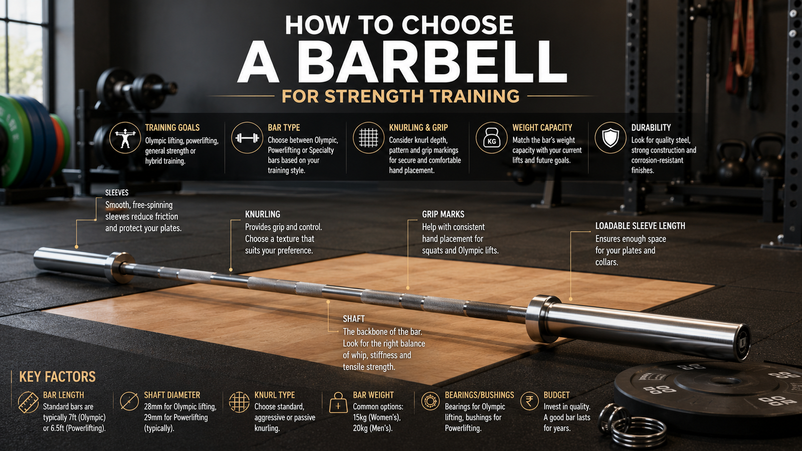 Unbranded an unbranded barbell and plates on a tidy strength-training platform for how to choose barbell