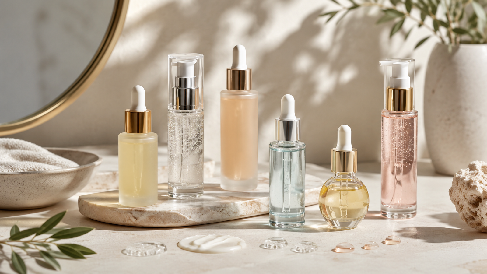 Unbranded face serum bottles, droppers and subtle skincare texture swatches for how to choose a face serum