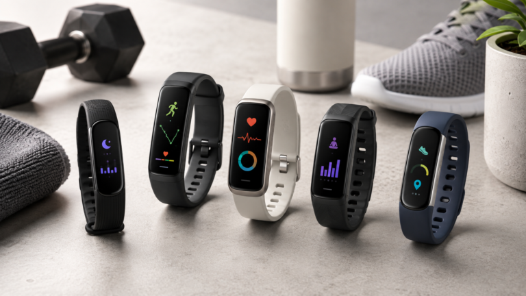 Unbranded several unbranded fitness trackers and smart bands on a clean active-lifestyle surface for how to choose a fitness tracker