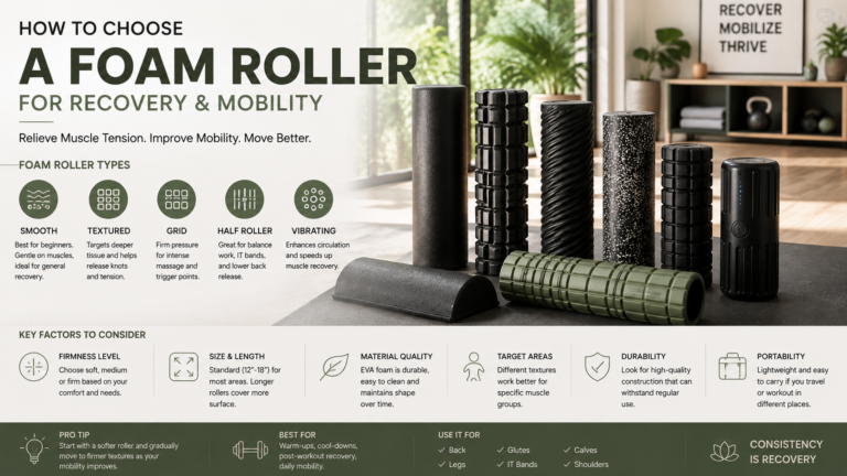 Unbranded smooth and textured unbranded foam rollers in several sizes on a clean studio floor for how to choose foam roller