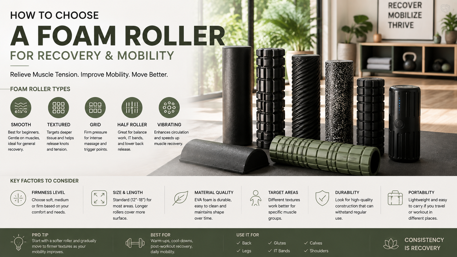 Unbranded smooth and textured unbranded foam rollers in several sizes on a clean studio floor for how to choose foam roller