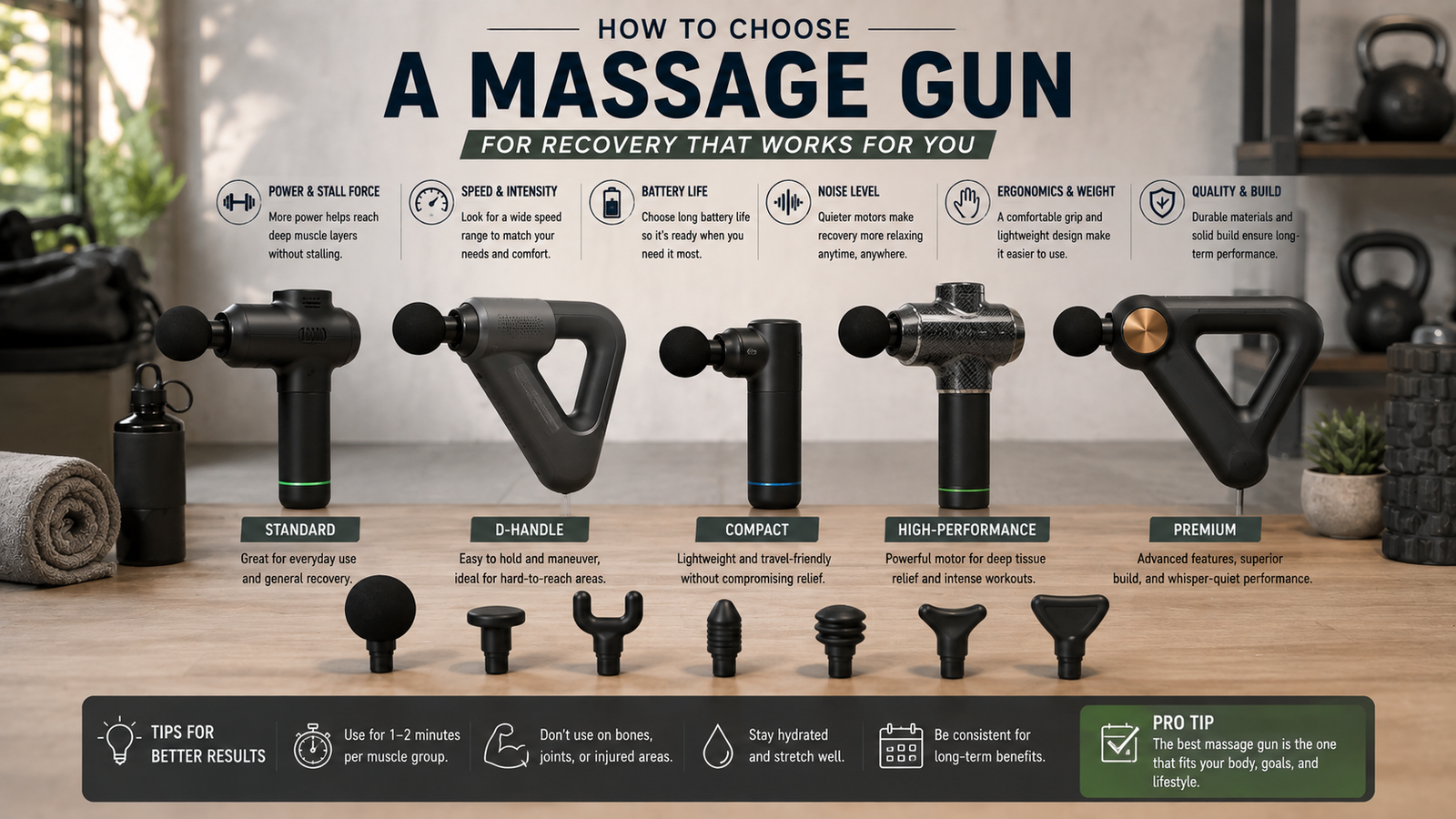 Unbranded unbranded massage guns with several attachment heads in a clean recovery studio for how to choose massage gun