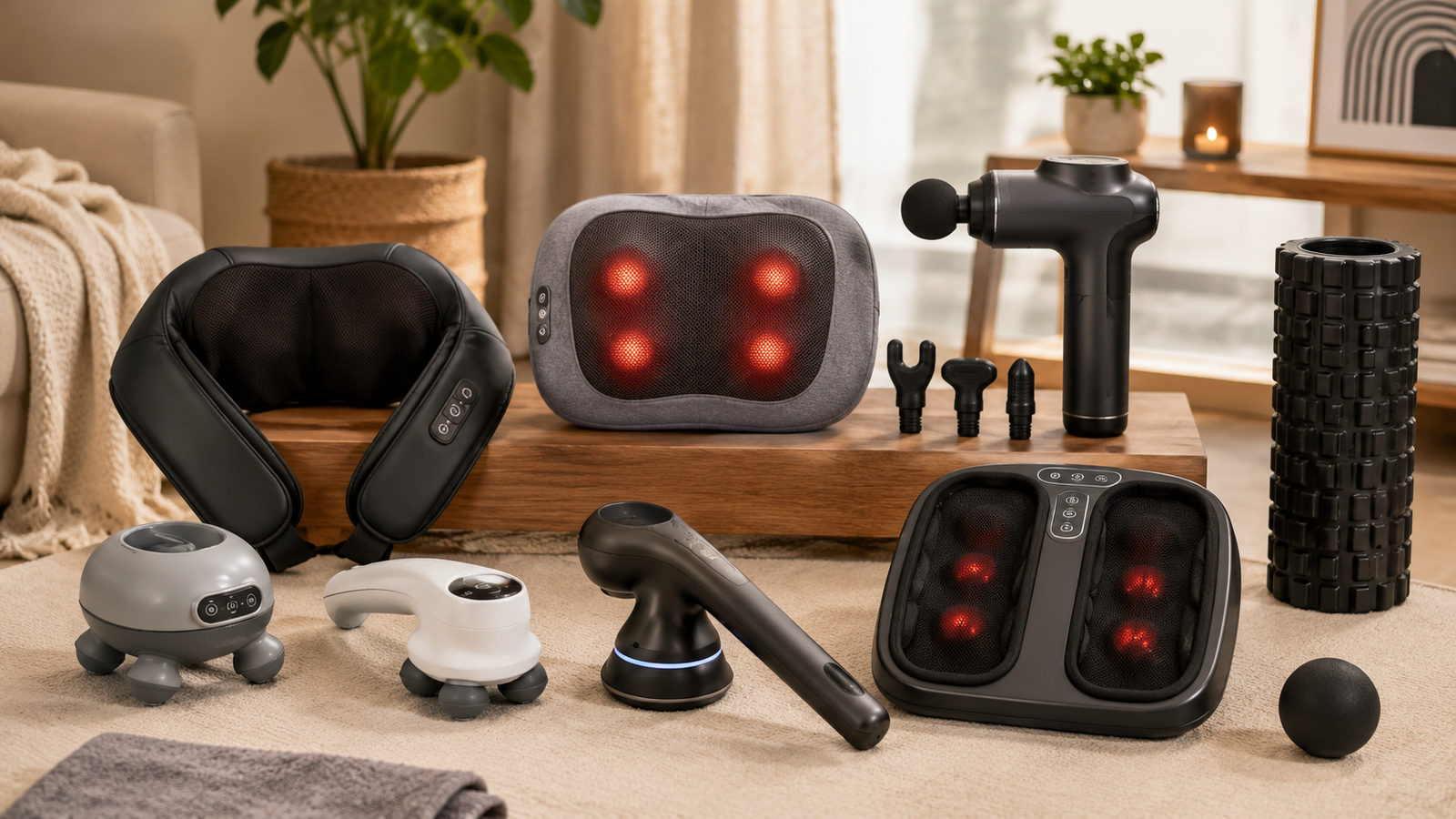 Unbranded unbranded handheld and cushion-style massagers arranged in a calm home setting for how to choose massager