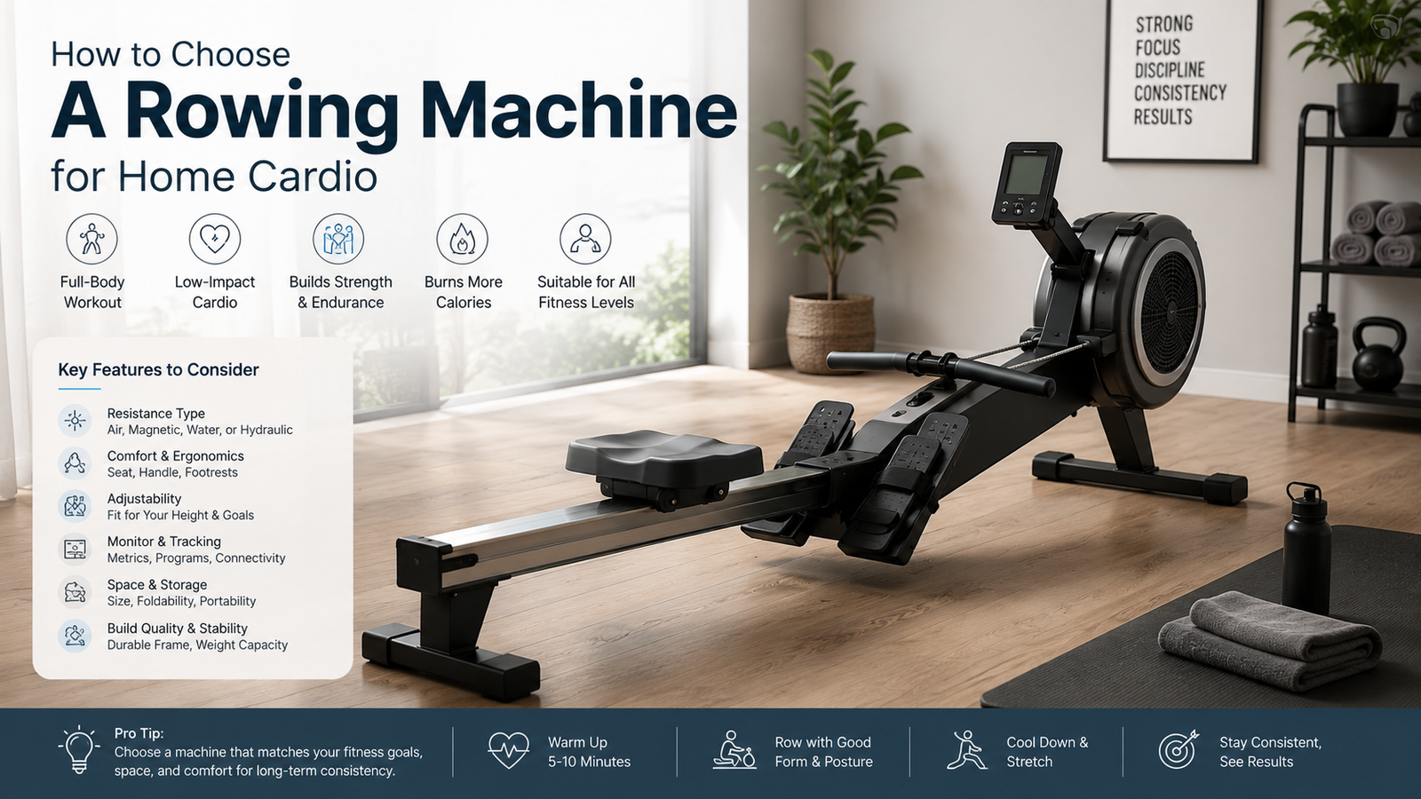 Unbranded an unbranded rowing machine in a clean home-gym setting with subtle workout accessories for how to choose rowing machine