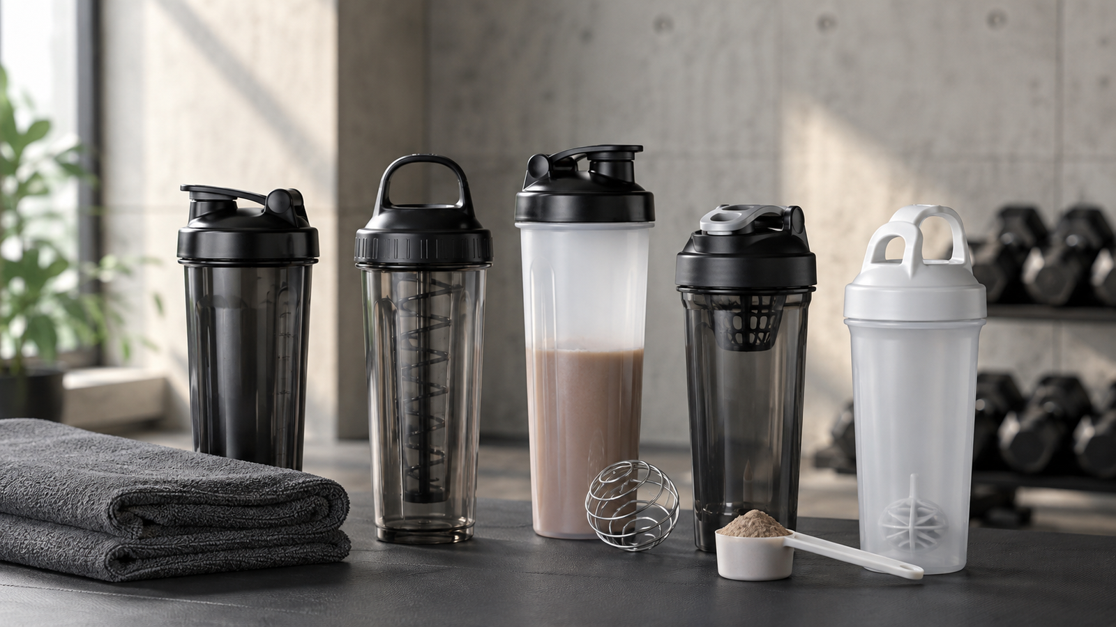 Unbranded unbranded shaker bottles with mixing inserts beside a gym towel and water for how to choose shaker bottle