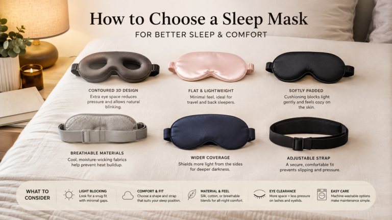 Unbranded unbranded sleep masks in different shapes and fabrics on soft neutral bedding for how to choose sleep mask