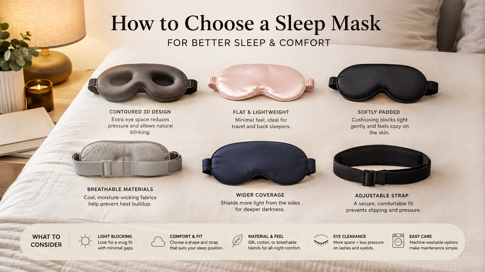 Unbranded unbranded sleep masks in different shapes and fabrics on soft neutral bedding for how to choose sleep mask