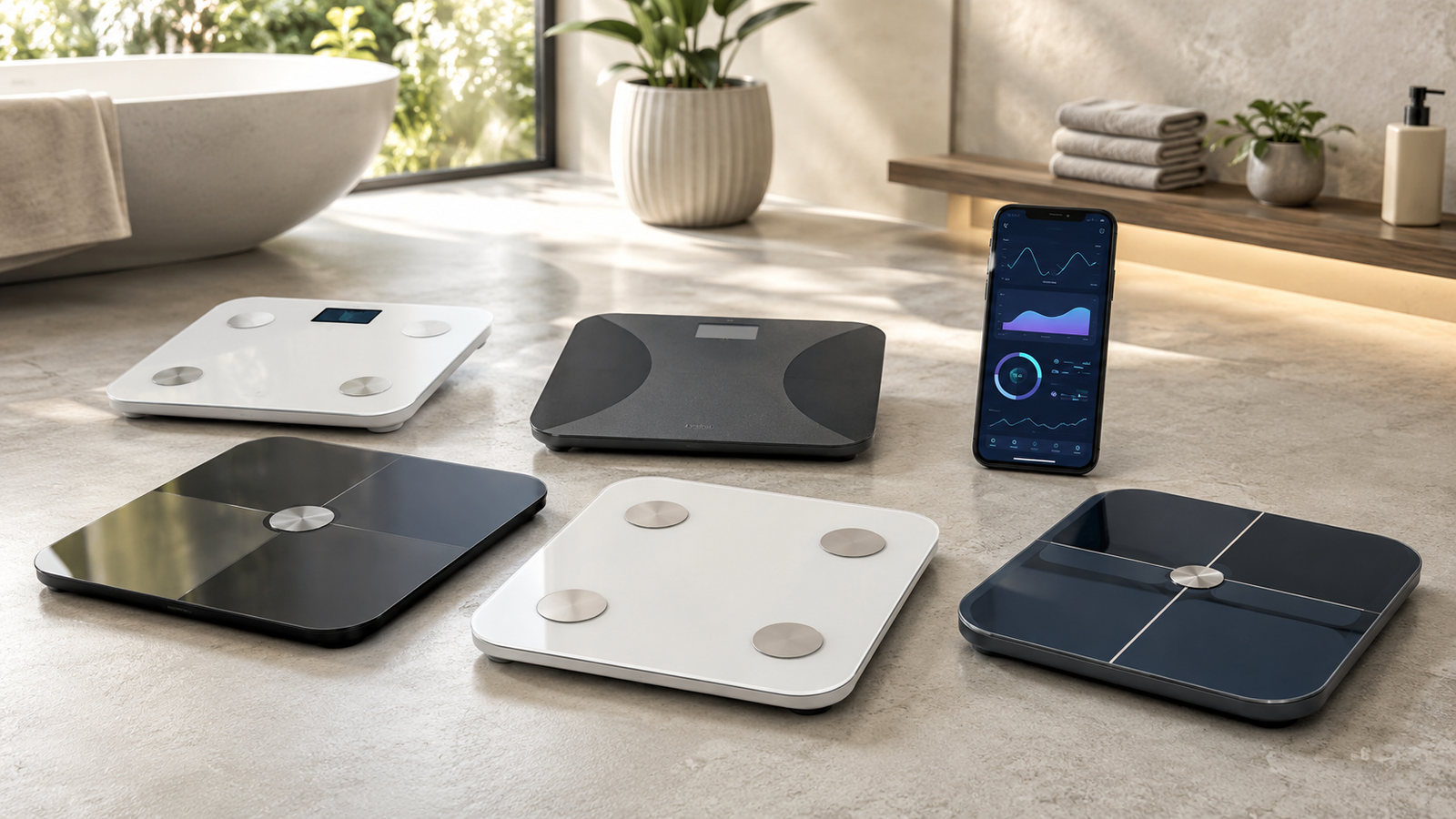 Unbranded unbranded smart scales with a phone showing abstract health graphs and no readable branding for how to choose smart scale