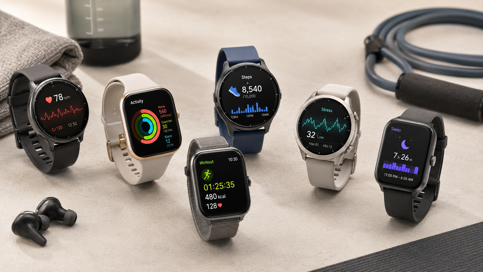 Unbranded several unbranded smartwatches displaying abstract fitness dashboards with no readable brand text for how to choose fitness smartwatch