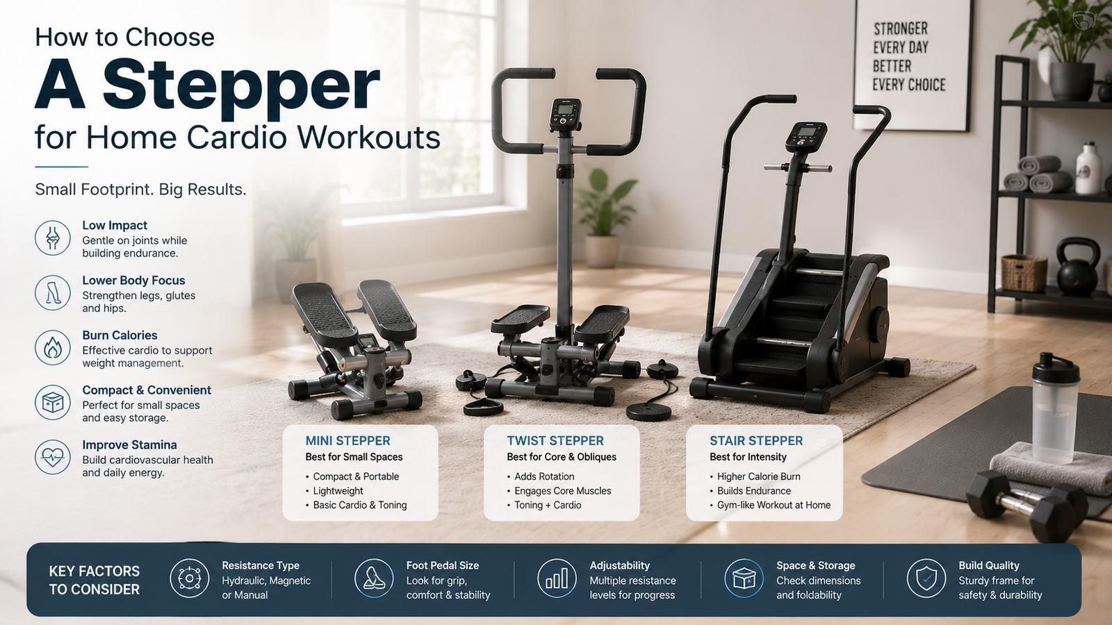 Unbranded compact unbranded stepper machines arranged in a clean home fitness corner for how to choose stepper