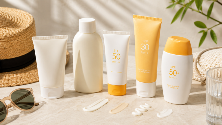 Unbranded unbranded sunscreen tubes and lotion textures in a bright sunlit skincare setting for how to choose sunscreen