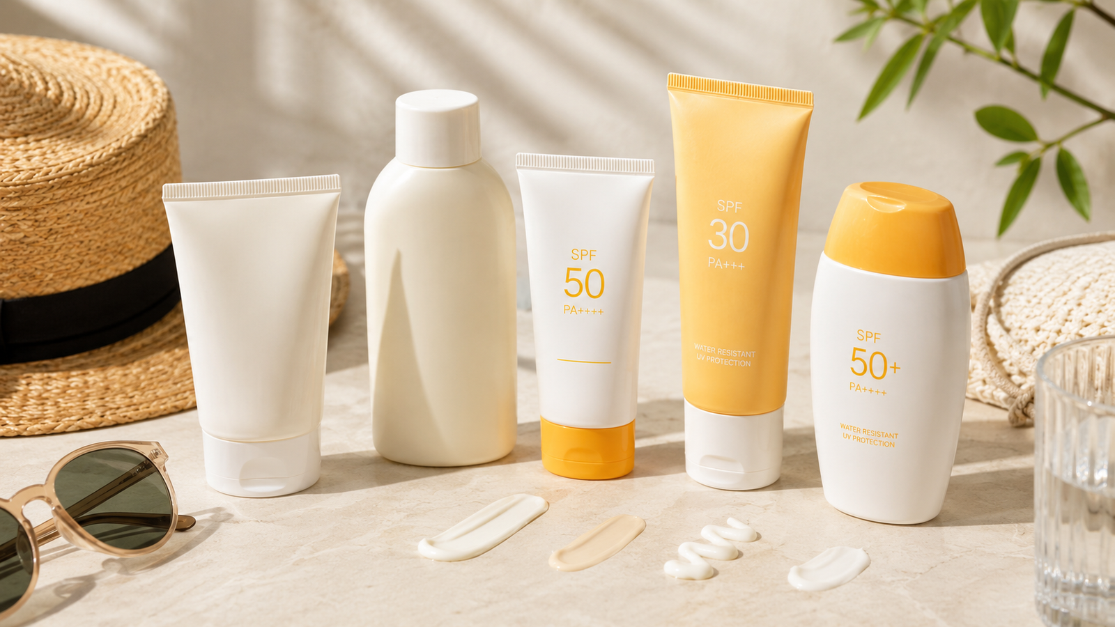 Unbranded unbranded sunscreen tubes and lotion textures in a bright sunlit skincare setting for how to choose sunscreen