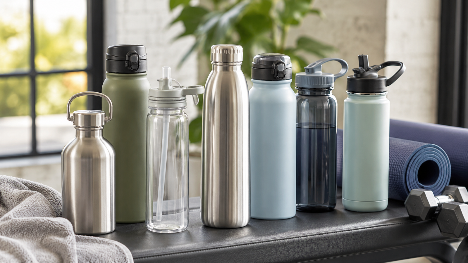 Unbranded unbranded reusable water bottles in different shapes beside simple workout gear for how to choose water bottle