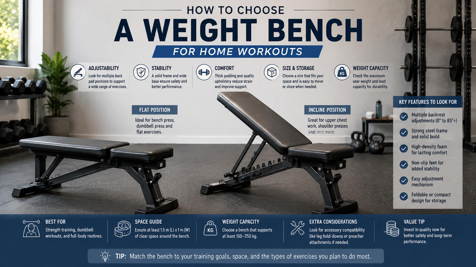 Unbranded an unbranded adjustable weight bench in a compact home strength-training setup for how to choose weight bench