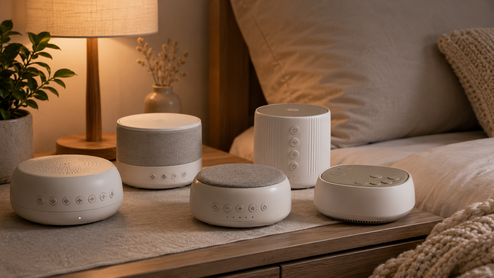 Unbranded unbranded compact white noise machines on a bedside table in a calm darkened bedroom for how to choose white noise machine