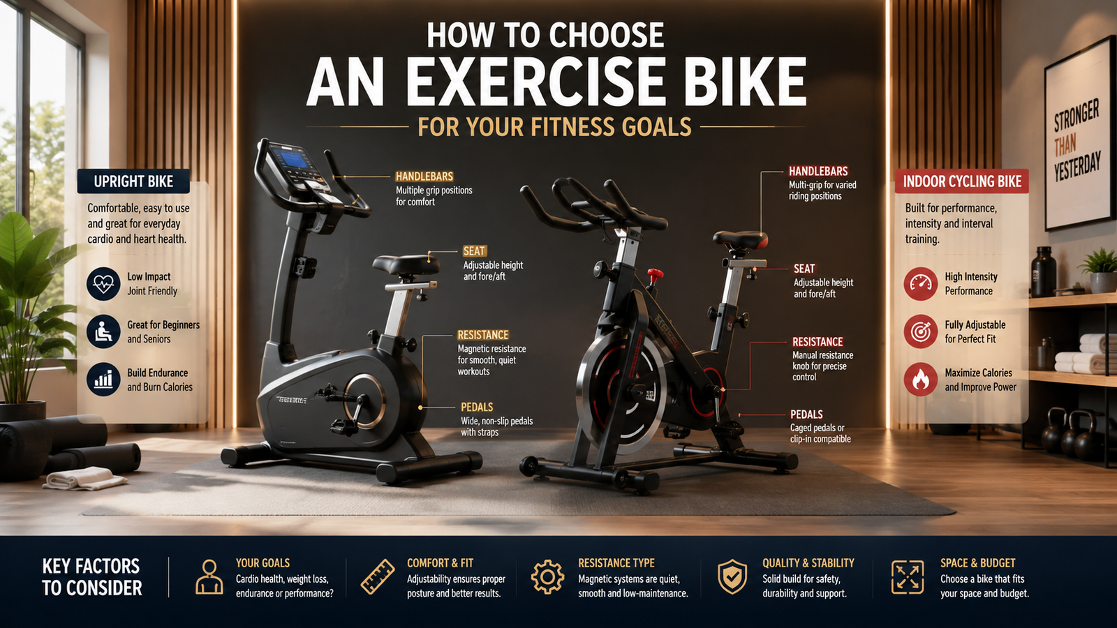 Unbranded unbranded upright and indoor exercise bikes in a bright home fitness studio for how to choose exercise bike