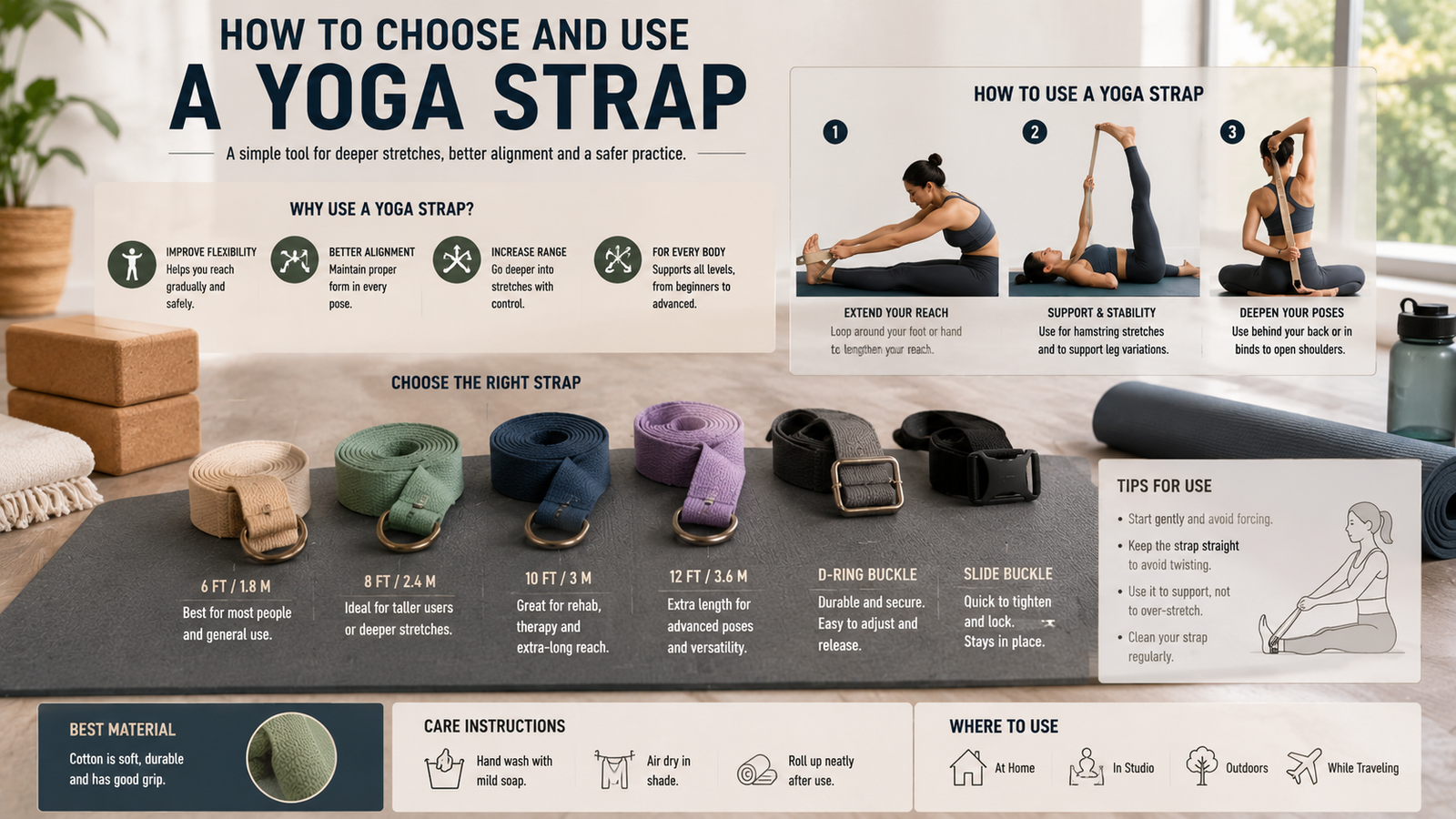Unbranded unbranded yoga straps with buckles arranged beside a mat and blocks for how to use yoga strap