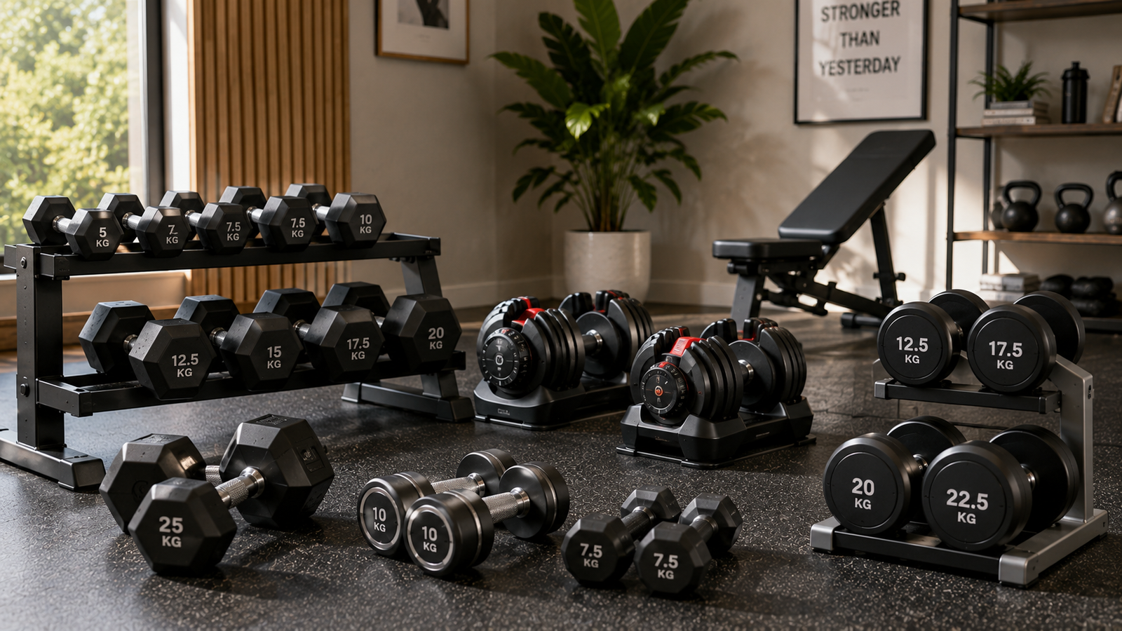 Unbranded fixed and adjustable unbranded dumbbells neatly arranged in a home gym for how to choose dumbbells