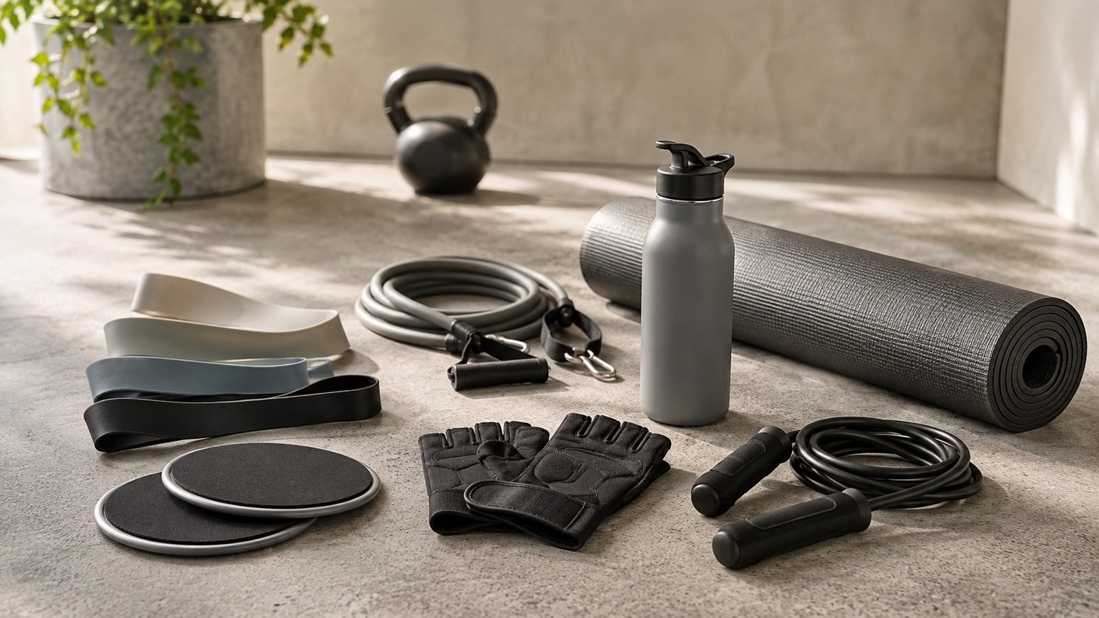 Unbranded a curated set of unbranded workout accessories including bands, gloves, bottle and mat for fitness accessories