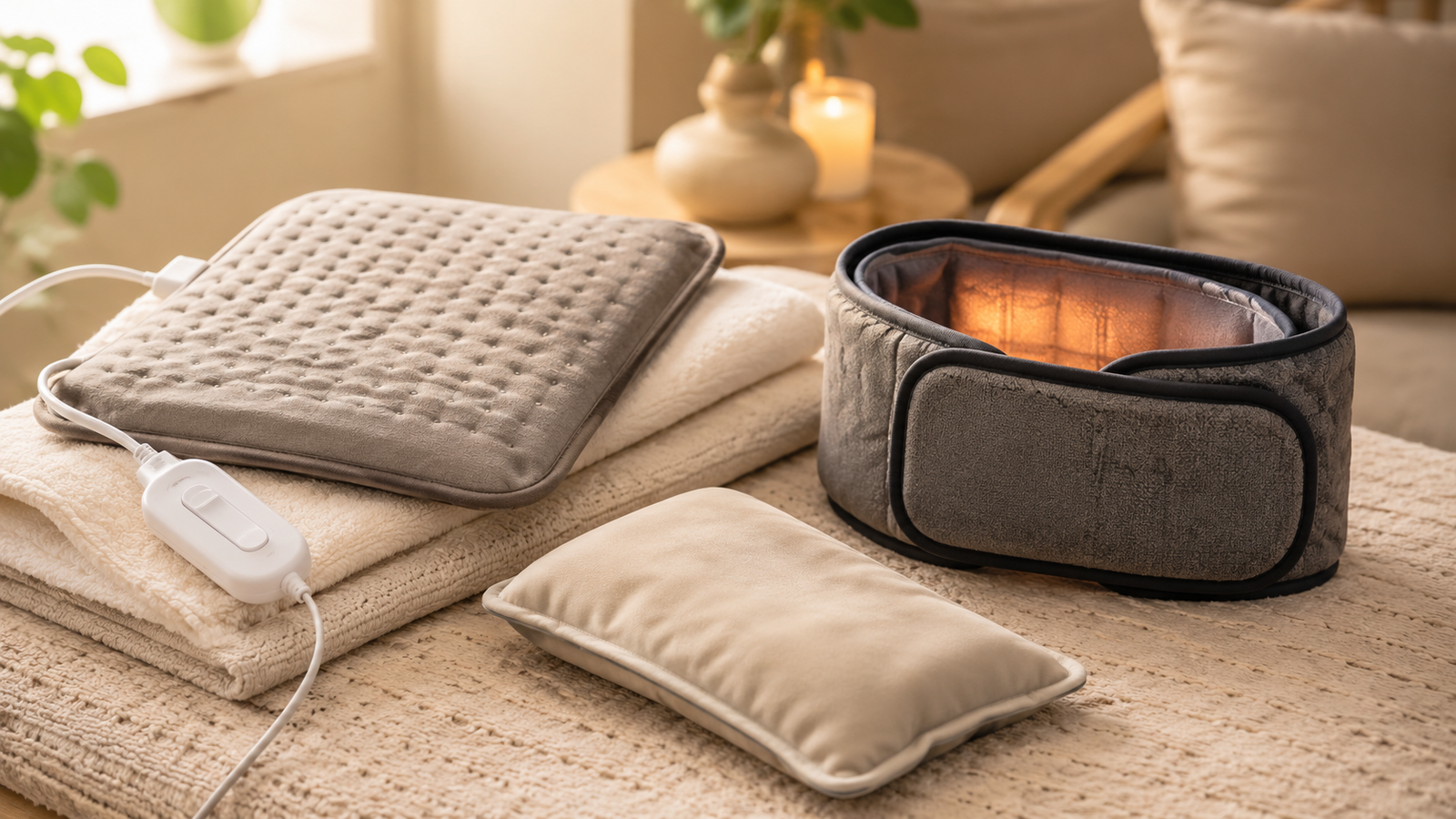 Unbranded unbranded heating pads and reusable warm packs arranged in a cozy recovery setting for heat therapy products